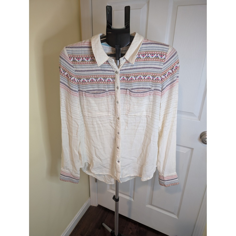 Maeve Aztec Button Down Shirt Womens 6 Cream Embroidered Wool Blend Boho